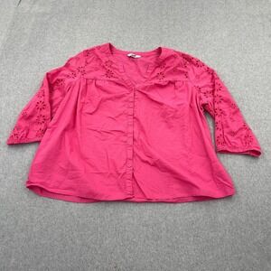 Croft Barrow Shirt Womens XXLP Pink Eyelet Floral Boho 3/4 Sleeve Cottage